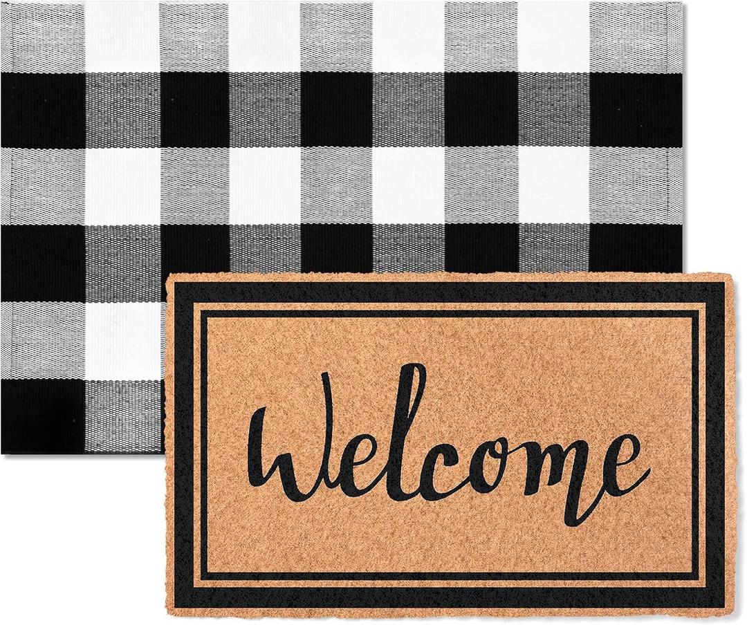 2 PCS Layered Welcome Mat Set - Brown Coir Doormat (17.7"x 29.5") & Black White Buffalo Plaid Outdoor Rug (23.6" x 35.4"), Non-Slip Farmhouse Entryway Front Porch Decor