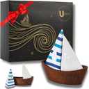 UNEAK -Handcrafted Ceramic Cute Sailboat Salt And Pepper Shaker with Cherry Wood Base/Boat Elegant (2 Pcs Set) Gift Shakers Set Compact Cooking, Kitchen and Dining Room, Classic, Refillable