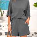 BTFBM Women Summer 2 Piece Outfits 2025 Spring Matching Set Short Sleeve Tops Elastic Waist Shorts Lounge Sets Pocket (Gray, S)