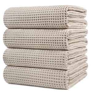 POLYTE 430 GSM Microfiber Oversize Quick Dry Lint Free Bath Towel, 60 x 30 in, (Waffle Weave), Beige 