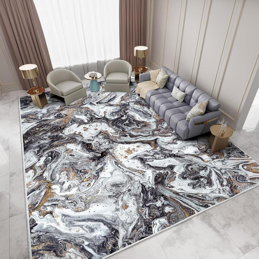 GEMBED Washable Area Rug 9x12 - Artistic Style Modern Rug for Living Room Bedroom Dining Room, Soft Low Pile Machine Washable Carpet, Non Slip Non Shedding Area Rug - Black/Gold, 9'x12'