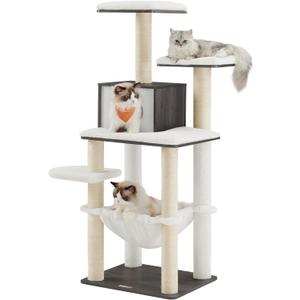 Feandrea Cat Tree, 54.3-Inch Modern Cat Tower for Indoor Cats, Multi-Level Cat Condo, Ultra-Soft Plush, Scratching Posts, Hammock, Removable, Washable Cushions, Misty Gray UPCT164G02