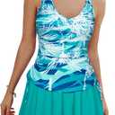 Kate Kasin Women's Tankini Swimsuits Tummy Control Two Piece V Neck Ruched Bathing Suits with Skirts Beach Swim Dress (Green Print), S