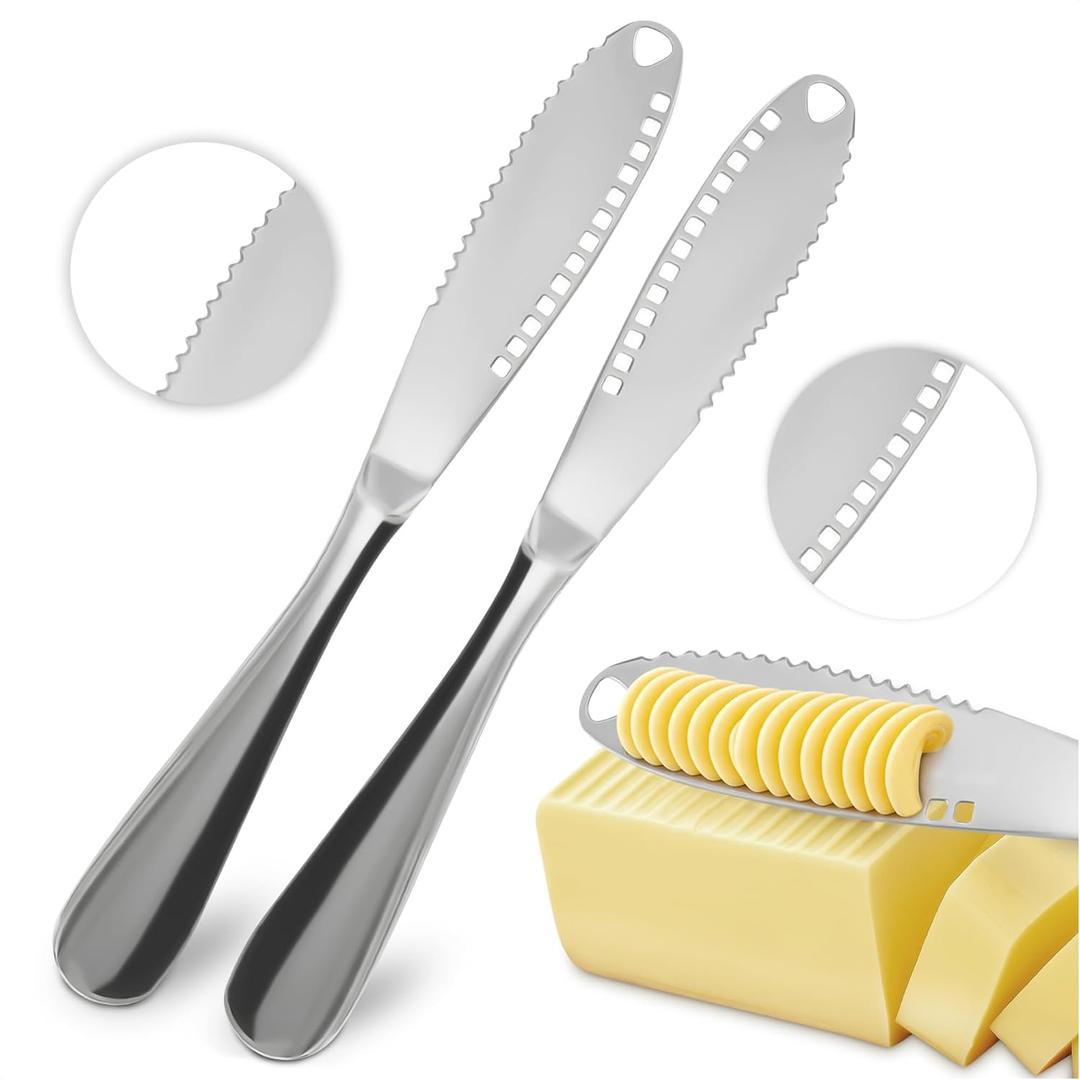 2 PCs Butter Knife Spreader  3 in 1 Stainless Steel Butter Knives with Grater Blade and Holes for Spreading and Slicing  Cheese Spreader Knives with Corrosion-Resistant Finish and Easy-Grip Handle