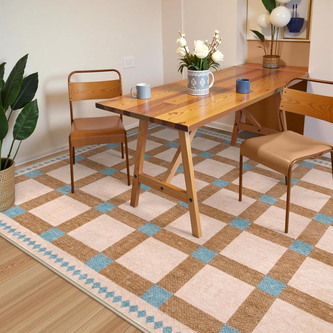 Lahome Checkered Dining Room Large Rugs 6x9 for Living Room Soft Bedroom Carpet, Modern Checkerboard Area Rug Washable Non Slip Floor Carpet for Classroom Home Office, Khaki