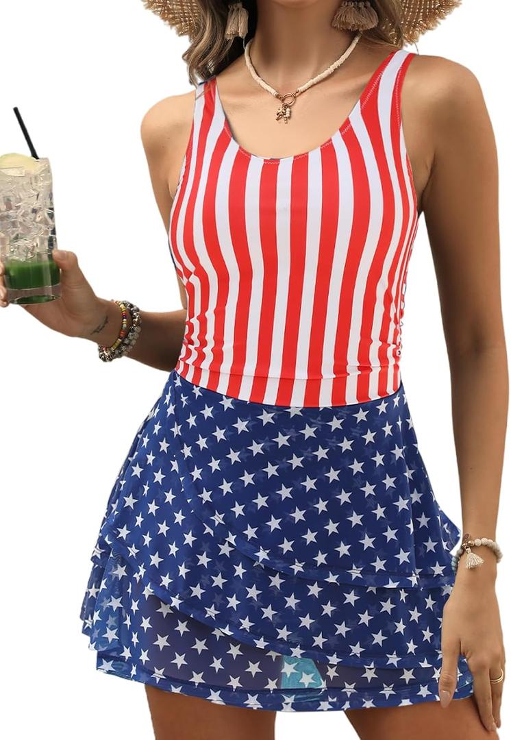 VIMPUNEC Women One Piece Swim Dress Swimsuit Tummy Control Modest Swim Skirt Bathing Suit (Large, American Flag 4)
