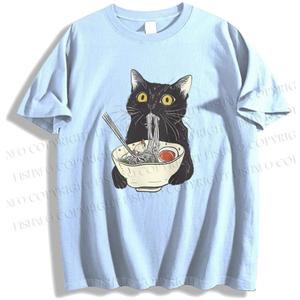 Women's Funny Cat Eating Noodles Cute Cat Men Women T-Shirt M
