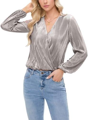 EasyFair Women Long Lantern Sleeve Shirts Dressy Casual Loose Fit Fall V Neck Blouses Date Night Tops, X-Small