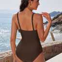 SUUKSESS Women Retro One Piece Swimsuit Metal Tummy Control V Neck Bathing Suit (Brown), XL