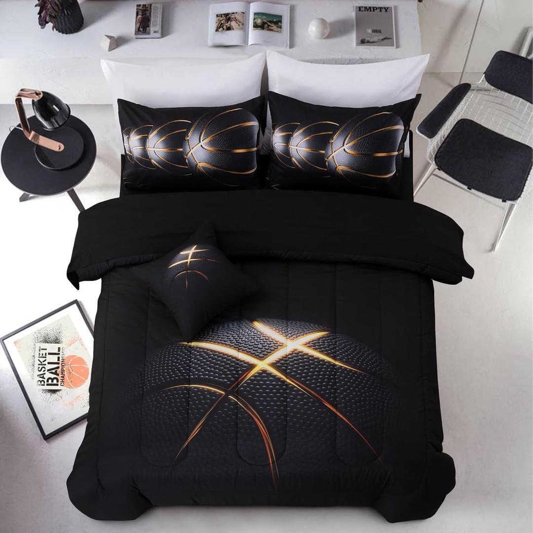 A Nice Night Full Comforter Set 6Pcs Comforter & Sheet Set,3D Phnom Penh Black Basketball Printing Bedding Set,Full