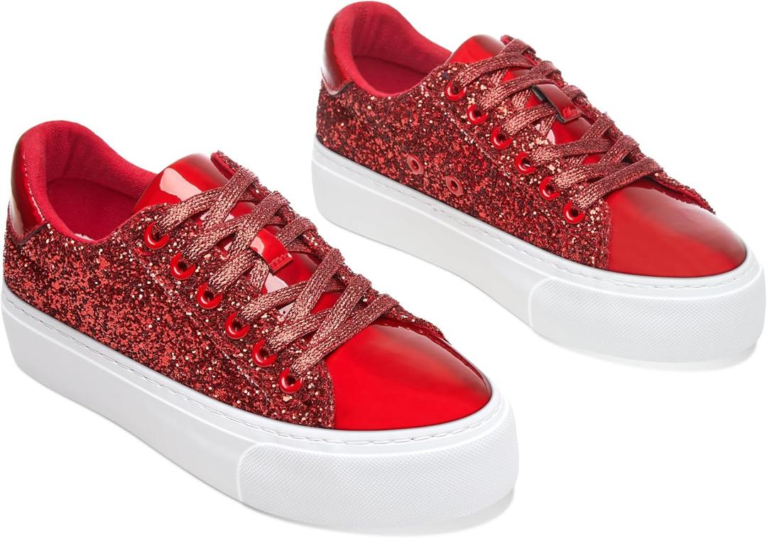 AISFAES Women Glitter Platform Sneakers Sparkly Lace-Up Chunky Sneakers Fashion Low-Top Tennis Shoes Comfortable Metallic Sequin Walking Shoes, 7, Red Glitter