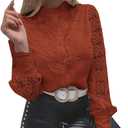 Rooscier Women's Lace Crochet Mock Neck Long Sleeve Button Elegant Blouse Shirt Top (X-Large, Caramel)