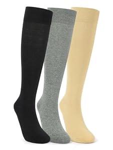 HiColorful 3 Pairs Knee High Cotton Support Socks for Women & Men–Soft Stretch Fit, Breathable Comfort–Ideal for Work Travel Everyday Wear Black/ Grey/ Beige Small
