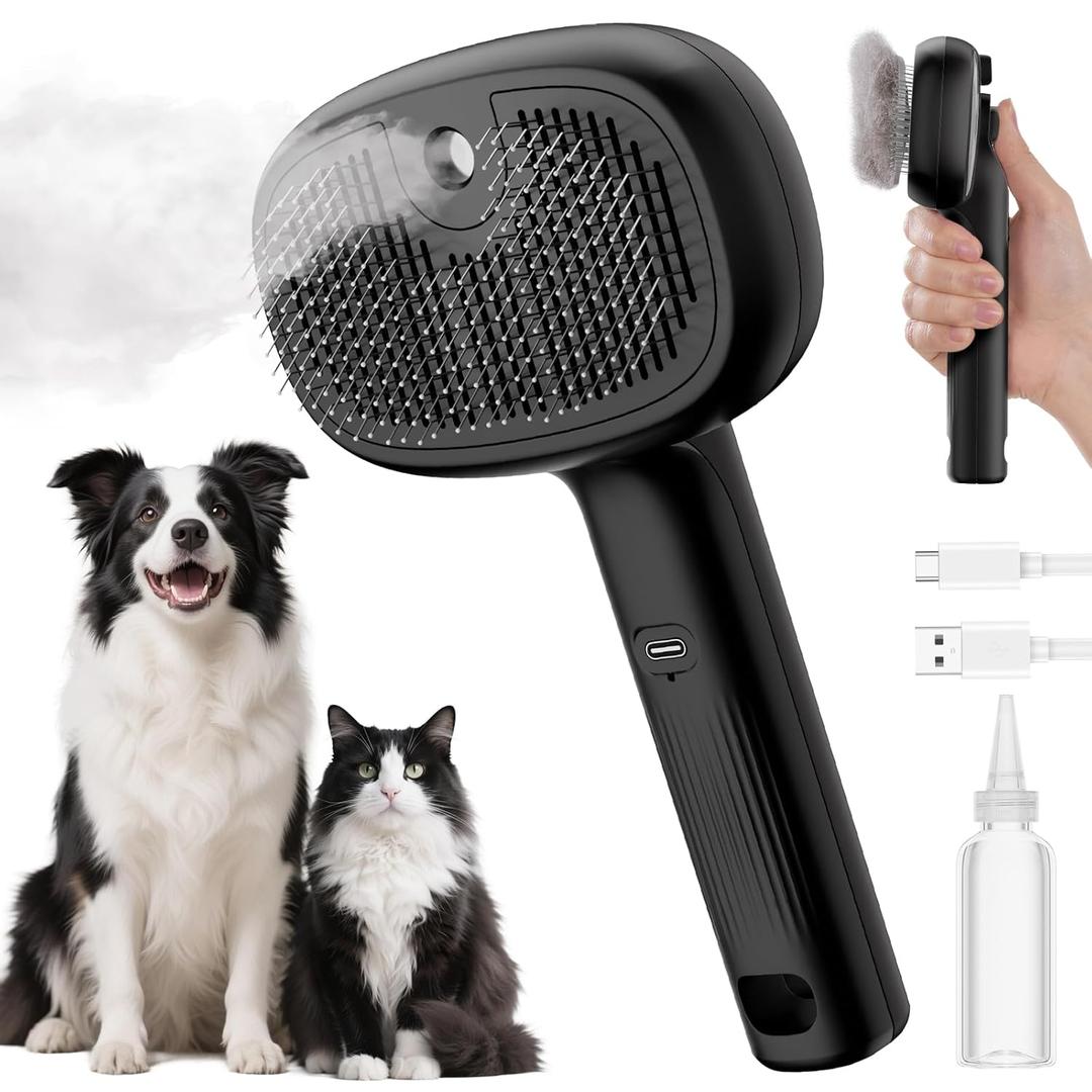 Pecute Cat Steam Brush, Self-Cleaning Steam Cat Brush with 2 Water Spray Modes, Large Capacity Tank, Steaming Renu Dog Brush for Shedding Massaging Grooming, Cool Mist Only (Black)