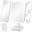 Rechargeable Travel Makeup Mirror with 48 LED Lights, 1X/5X/10X Tri-fold Vanity Mirror with Light, Protable Magnifying Mirror with Light, Stepless Dimming and Touch Control Table Mirror