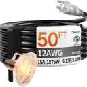 50 ft 12 Gauge Heavy Duty 3 Outlet Extension Cord Splitter with Indicator, Waterproof Outdoor Extension Cord with Multiple Outlets, 15A 1875W for Home & Workshop, ETL Listed, Black SJTW