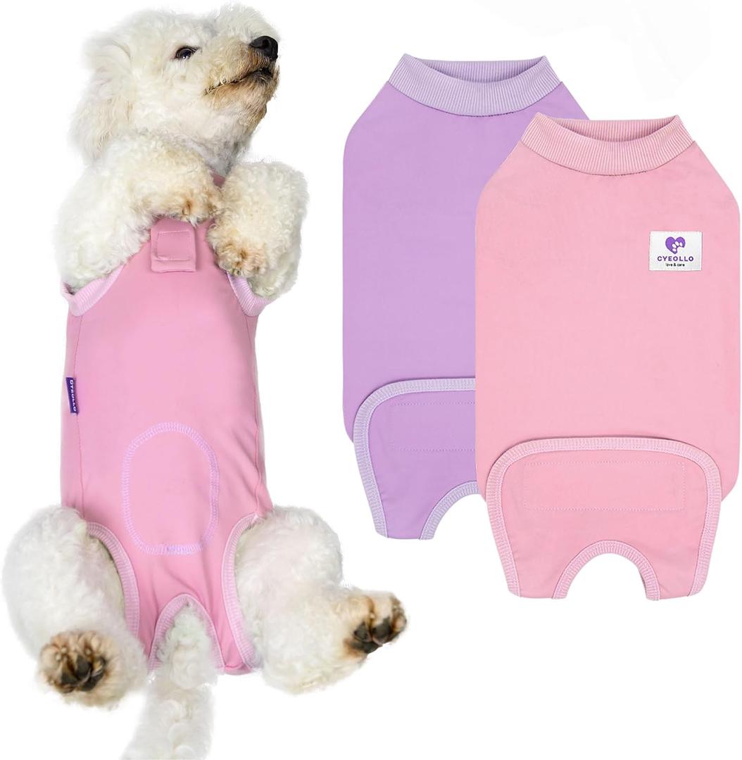 cyeollo 2pack Surgery Recovery Suit for Dogs Cats Soft Breathable Female Male Pet Bodysuit After Surgery for Spay, Neuter, Surgical Recovery Onesie Shirt, Pink & Purple, M