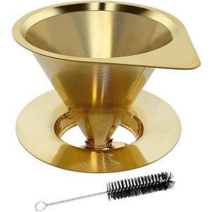LHS Pour Over Coffee Dripper Reusable Coffee Filter Paperless Coffee Filter Stainless Steel Pour Over Coffee Maker Cone Coffee Dripper for 1-2 Cup,Gold