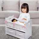 Badger Basket Wooden Doll Bed with Bed Liner, Pillows and Two Storage Baskets - Fits 18" Dolls - Ideal for Pretend Play and Baby Doll Fun - White/Rose Design with Free Personalization Kit, 20