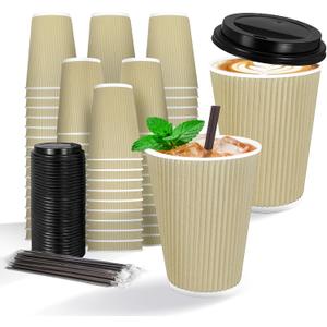 12oz 90Pack Compostable Paper Cups with Lids & Straws, 3-Layer Insulated Corrugated Cups for Hot & Cold Drinks, Home Office Travel, Kraft