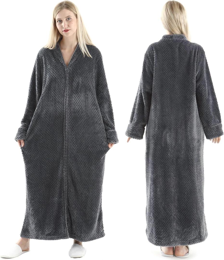 Oksun Womens Fleece Warm Robe: Cozy Flannel Long Zipper Bathrobe - Plush Winter Housecoat Nightgown (X-Large, No Hood - Gray)