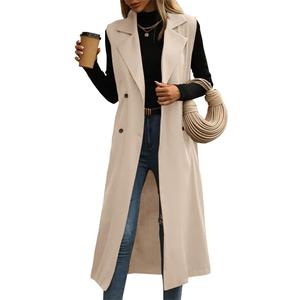 IDEALSANXUN Womens Long Vest Casual Double Breasted Sleeveless Trench Coat Jackets (Large, Khaki)