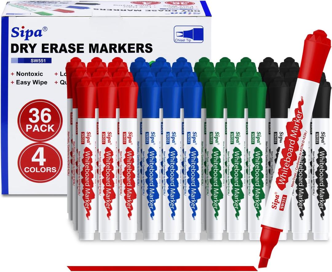 Sipa 36 Bulk Dry Erase Markers, Chisel Tip White Board Markers 4 Assorted Colors, Low Odor Flip Chart Markers, Whiteboard Ideal for Classroom, Office, Teachers and Students, Essential School Supplies