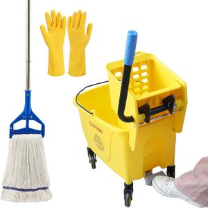 35QT Side-Press Mop Bucket and Wringer Combo on Wheels, Yellow,Including One Heavy Duty Industrial Mop and One Set Large Rubber Cleaning Gloves