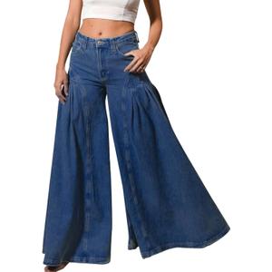 EZAPINE Women Bell Bottom Jeans High Waist Stretch Wide Leg Baggy Flared Pleated Vintage Casual Loose Denim Pants, M