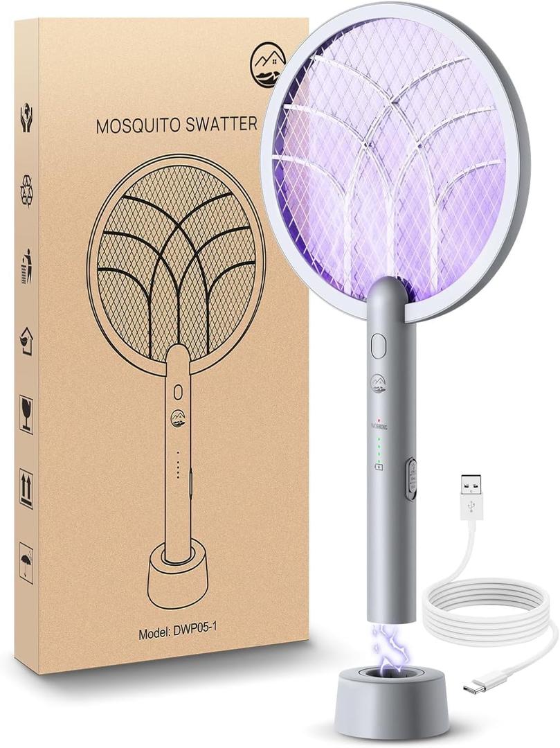 Electric Fly Swatter Racket, Mosiller 2 in 1 Smart Bug Zapper & Power Take Off Generators with USB Rechargeable Base, Powerful Mosquitoes Trap Lamp & Fly Killer for Home, Bedroom (Light Grey, Pack of 1)