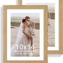 10x14 Picture Frame Set of 2, Made of Glass and Natural Oak Wooden Frame, Display 8x12 Pictures with Mat or 30 x 40cm Diamond Painting Art without Mat for Wall Mounting, Gallery Photo Frames