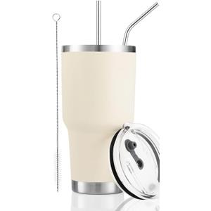 DS 30oz Cream Tumbler Stainless Steel Insulated Travel Mug with Straw Lid Cleaning Brush (30oz Cream)