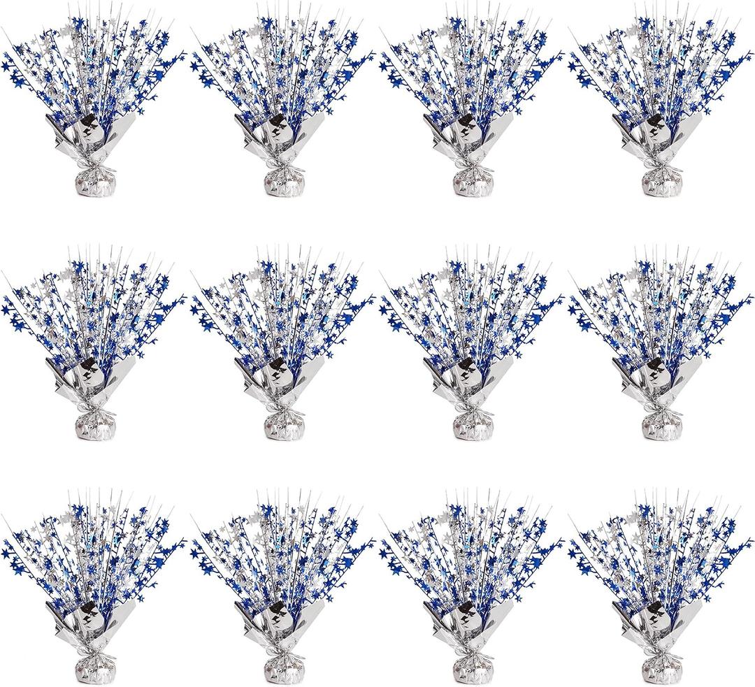 12 Pack Metallic Foil Spary Centerpieces for Tables, Silver NavyBlue Centerpieces for Tables Decorations, Star Brust Table Centerpieces for Birthday Graduation Wedding Baby Shower Party
