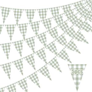 5 Pieces Green and White Checkered Banners Gingham Pennant Flags Sage Green Gingham Single Sided Paper Triangle Flag for BBQ Picnic Wedding Baby Shower Birthday Party Decorations Supplies
