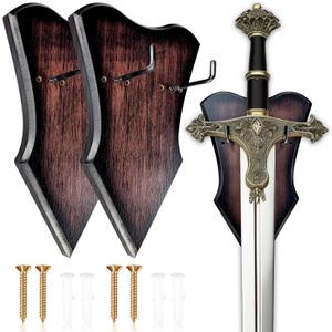 Sword Plaque Wall Mount Vertical Display Holder Adjustable Stand for Bow Medieval Dagger Axe (2pcs Medium Brown)
