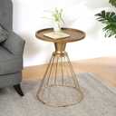 Christopher Knight Home Aurl Hollow Edge End Table, Round Side Table, Wooden Concave Tabletop, Iron Frame Side Desk, No Assembly Needed, Pine Wood Tea Desk for Living Room Home, Gold+Natural, 18.1 inches x 18.1 inches x 25 inches
