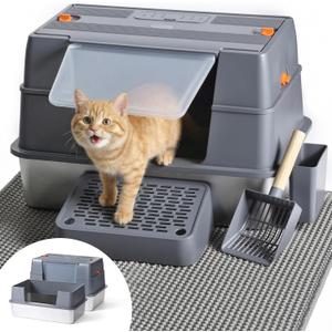 Stainless Steel Enclosed Litter Box with Lid, XL Extra Large Side Entry Metal Litter Box for Big Cats, Removable Cat Litter Box with High-Sided Enclosure, Scoop, Filter Footboard & Mat, Grey