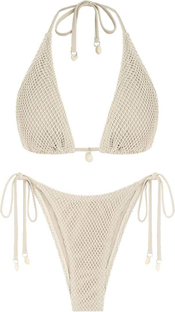 ZAFUL Women's Triangle Bikini Multiway Fishnet Tie Side Bandeau Halter String Bikini Set Two Piece Swimsuit Bathing Suits (Beige, S)