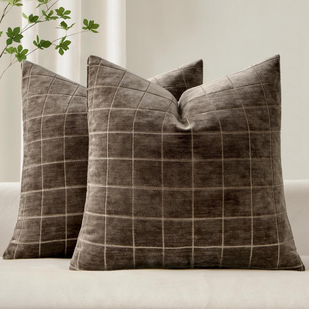 MIULEE Decorative Chenille Check Throw Pillow Covers Vintage Plaid Couch Pillows 22x22 Inch  Neutral Boho Farmhouse Cushion Covers Modern Home Decor for Sofa Bed Living Room Brown