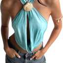 SOLY HUX Women's Backless Halter Crop Top Cowl Neck Tie Back Sexy Going Out Tops Vacation Outfits Solid Blue Medium