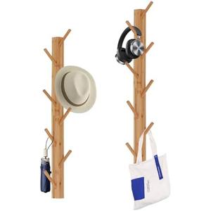 TIOPGHAD 2-Pack Wood-Wall-Mounted-Coat-Hooks, Bamboo Vertical Coats Rack Holder Hanger with 8 Hooks Entryway Hanging Wooden Racks for Hanging Jacket Coat Hat in Entryway Office Bathroom(Natural)