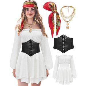 Women Pirate Costume Dress with Corset Accessories Long Sleeve Romper Short Off Shoulder Dress S Women Pirate Costume Dress with Corset Accessories Long Sleeve Romper Short Off Shoulder Dress S