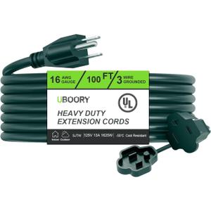 Outdoor Extension Cord Waterproof 100 FT, Green 16/3 SJTW Heavy Duty, Flexible 100% Copper 3 Prong Extension Cord for Lawn, Garage,UL Listed