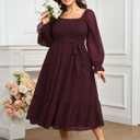 SCOMCHIC Women's Plus Size Dress Long Sleeve Square Neck Swiss Dot Chiffon Smocked A Line Ruffle Cocktail Maxi Dresses (XXXL)