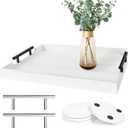 SXNOWS Coffee Table Tray - Large Ottoman Tray for Living Room - Wood Serving Tray with 2 Sets of Handles - Wooden Tray for Coffee Table, 4 Round Coasters Included, White