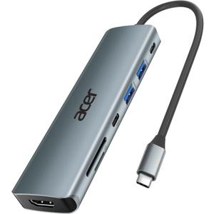 Acer USB C Hub, 7 in 1 Multi-Port Adapter for Laptop, 4K, HDMI Splitter with 2 USB A 3.1 & Type-C to HDMI Data Port, PD 100W Charging, SD Card Reader for Computer, Desktop, Space Grey