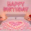 Pink Happy Birthday Balloons Decorations Happy Birthday Letter Balloons Banner Set with 24pcs Round Flameless LED Candles and 2000pcs Artificial Rose Petals for Women Men Room Party Decor