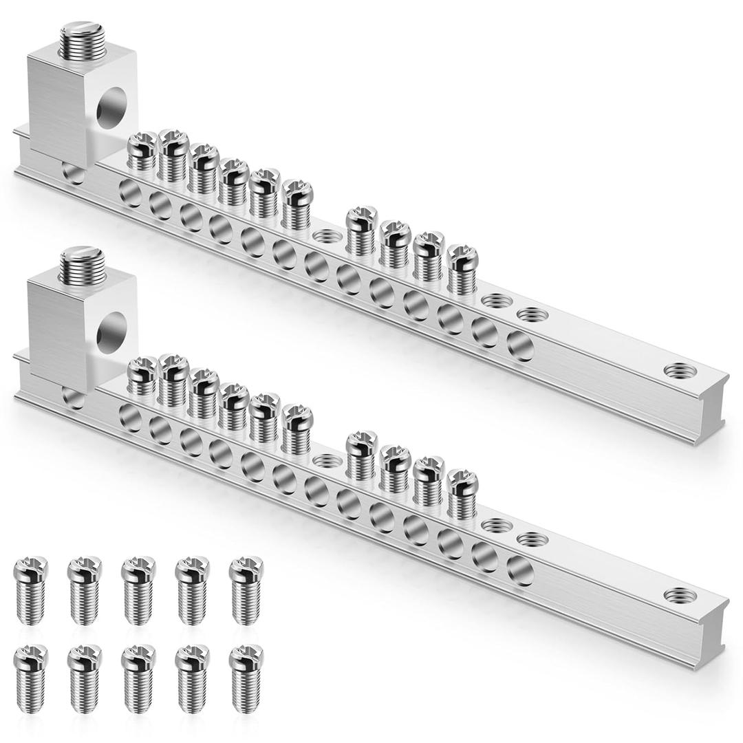 2 Set Ground Bar Kit with 10 Terminal Positions and Ground Lug Bar Aluminum Grounding Lugs for Electrical Connections