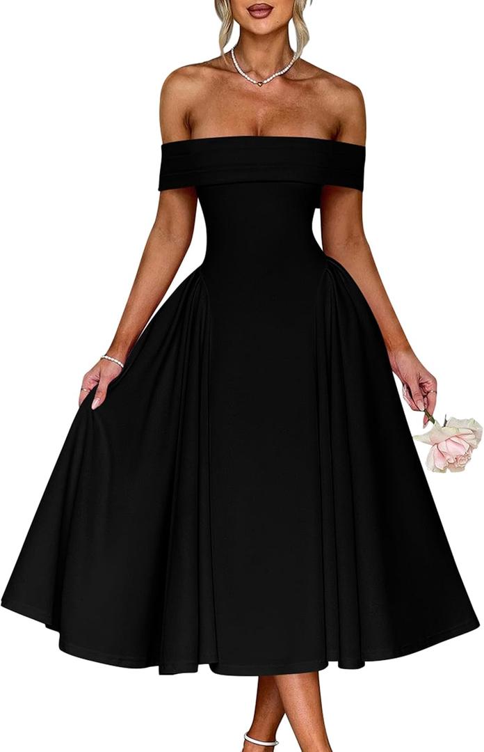 YMDUCH Women's Elegant Off Shoulder Short Sleeve A line Flowy Swing Cocktail Party Long Dress (Medium)