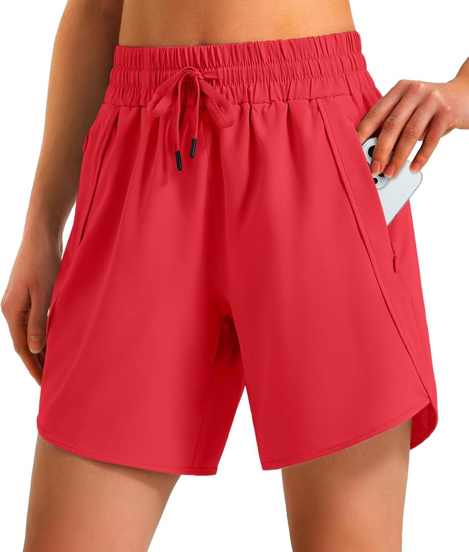 Ksmien Women's 5"/ 7" Athletic Running Shorts Quick Dry Lightweight Workout Gym Shorts with Zipper Pockets UPF 50+, 2XL
